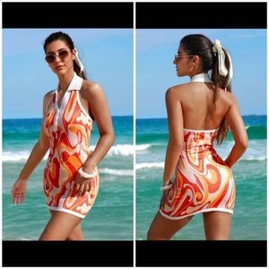 Button up halter top orange and white dress